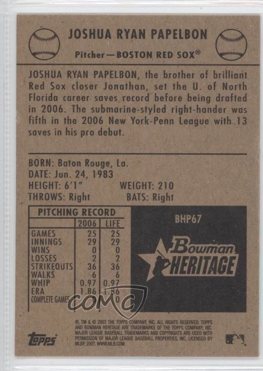 2007 Bowman Heritage Prospects Josh Papelbon #BHP67 - Image 2 of 2