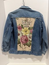 Vintage Denim Jacket Womens Large Embroidery Boho Cottage Core Upcycled Tapestry