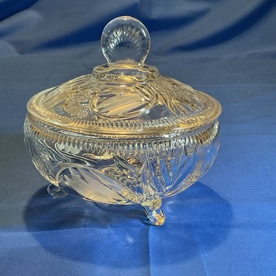 Vintage  Clear Crystal Sugar Bowl / Candy Dish With Three Crystal Feet And Lid