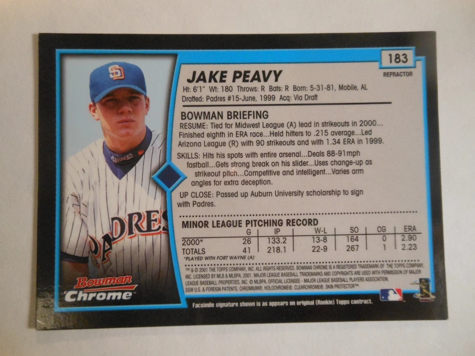 2001 Bowman Chrome #183 Jake Peavy Refractor RC Cy Young Winner! rookie Centered - Image 4 of 4
