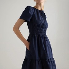 Quince Mini Dress Navy Blue Organic Cotton Tiered Sz M Women's Pockets Poplin