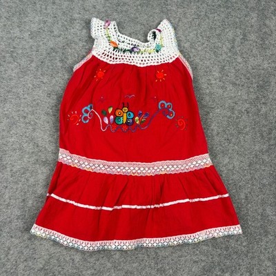 Mexican Folk Art Dress Girls 3 Red Embroidered Butterfly Crochet