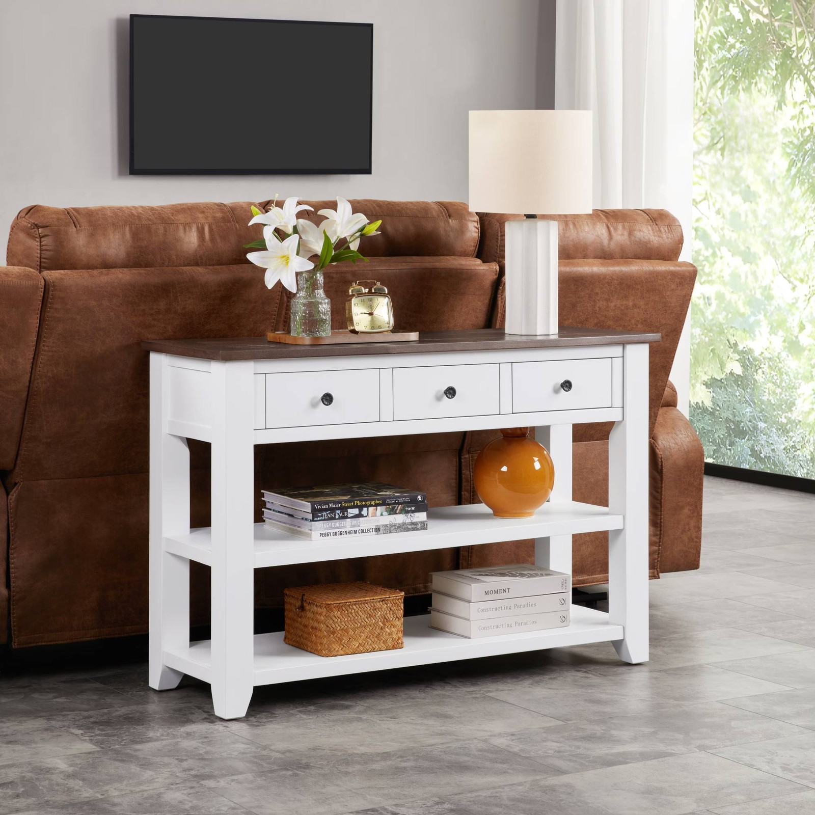 FunniHomi Farmhouse Console Table, 44'' Solid Wood Sofa Table w/ 2 Open Shelves