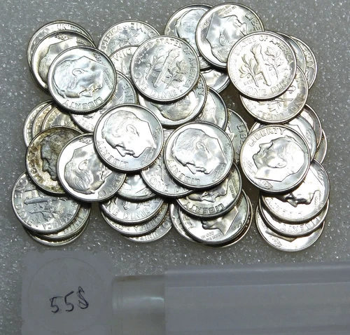 1955 S Roosevelt Silver Dime Original Gem BU UNPICKED roll 50 coins #T232B