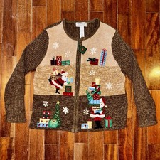 VTG 90s Y2K Christmas Grandma Granny Core Zip Sweater Ugly Cardigan Women Sz XL