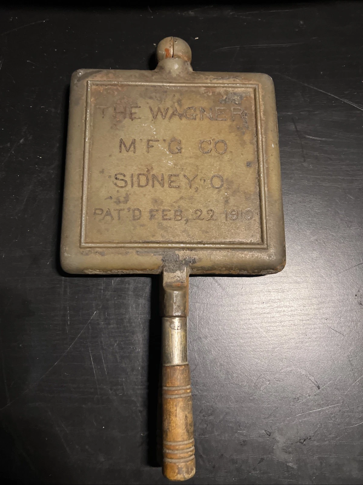 Wagner Ware Sidney -O- Square Metal Wood Waffle Maker Iron 1910s