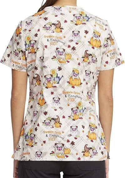 Womens Cherokee Prints Scrubs Top V-Neck Print CK646 size S/Pugkin Spice Season - Image 2 of 3