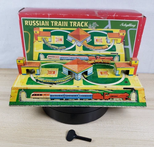 Vintage Schylling Russian Dual Train Track — Wind‑Up Tin Toy Collector Series