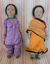 2 Vtg Cloth Indian Woman Ethnic Dolls Handpainted 10.5" Tall