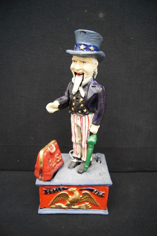 VINTAGE STYLE Uncle Sam Mechanical Cast Iron Coin Bank 11" Tall HEAVY