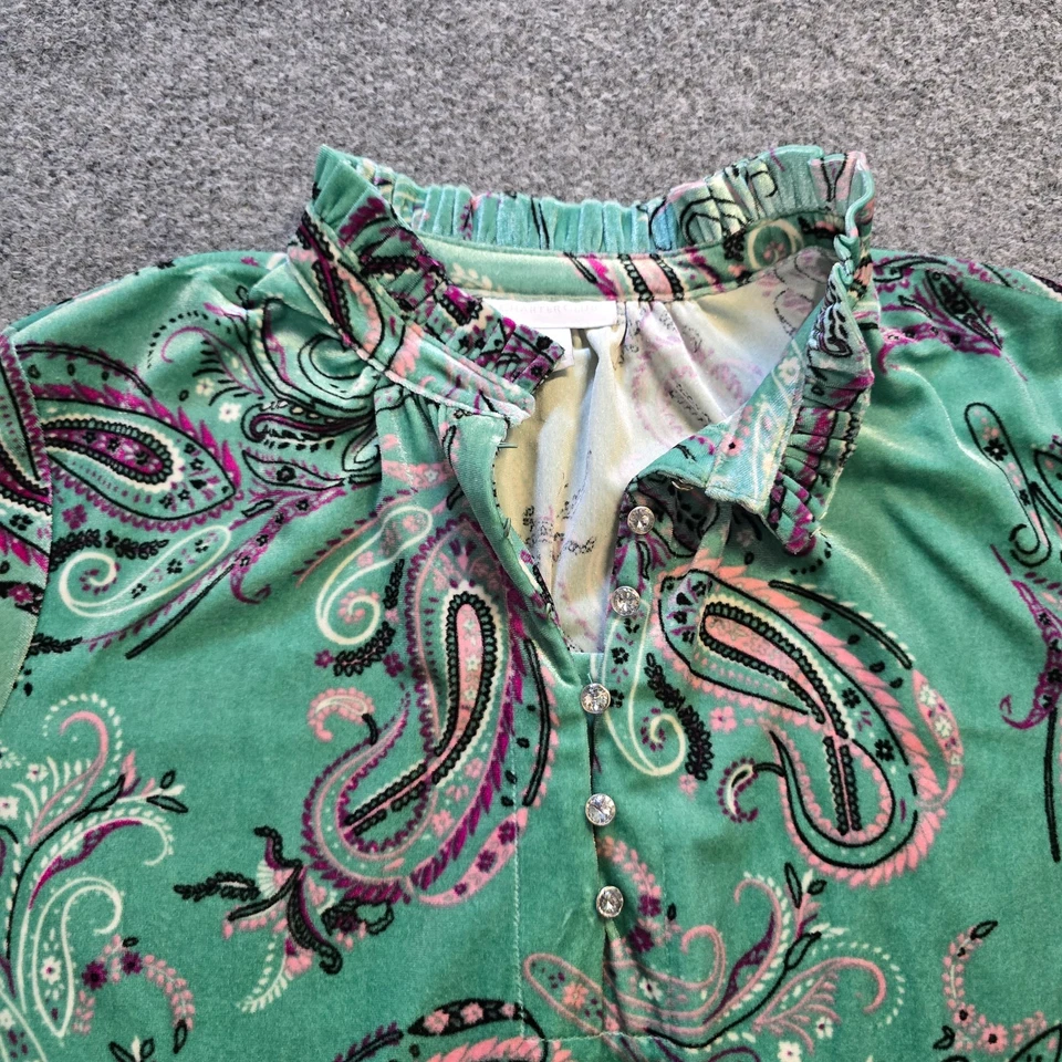 Top Charter Club Mujer Talla Grande Verde Rosa Paisley Terciopelo Manga Larga Informal Foto 2 de 4