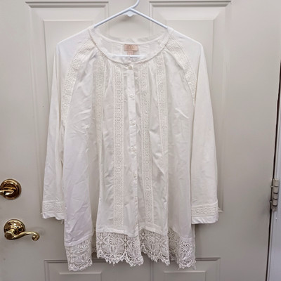Logo Lavish Button Up Shirt White Lace Trim Size XL 100% Cotton 3/4 Sleeve Flowy