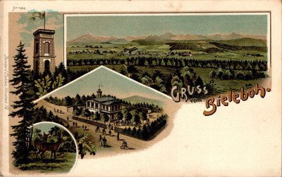 LITHO GRUSS AUS BEIERSDORF KR. GÖRLITZ BIELEBOH BERG GASTHAUS 4 BILD COL. um1900