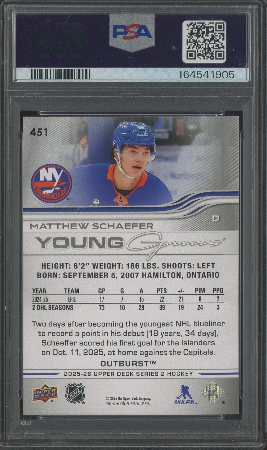 2025 Upper Deck Hockey Young Guns Outburst #451 Matthew Schaefer RC PSA 8 view 2