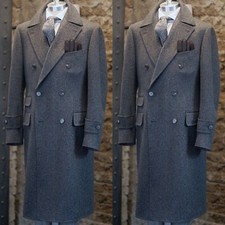 100 Cashmere Men's Double Breasted Long Jacket Gray Outdoor Wear Overcoat