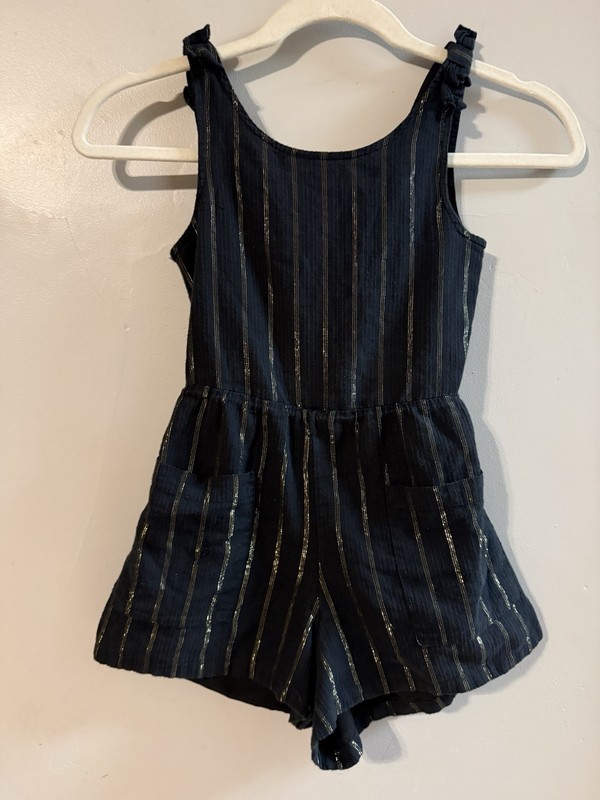 Cakes and Cashmere Girls Navy/Gold Striped Sleeveless Romper 7-8Y Elastic Waist