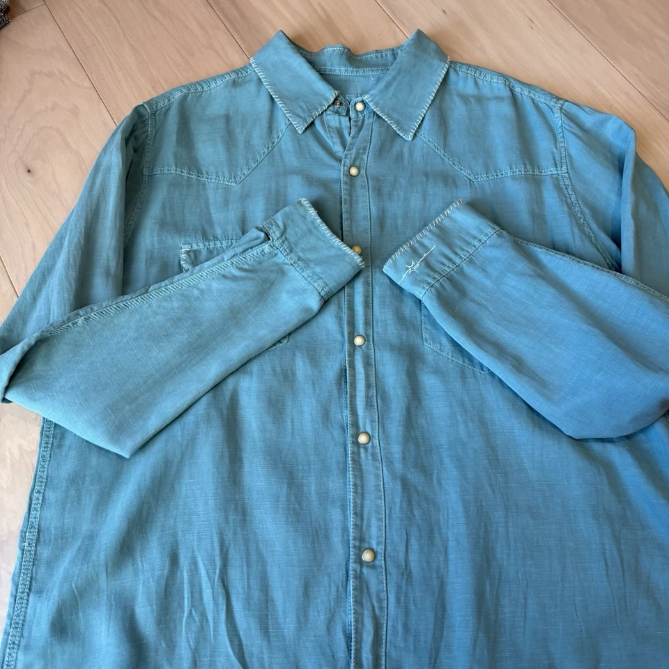 Camisa a Presión Ryan Michael Perla de Seda XL Verde Azulado Western Abotonada Vaquero Glamour Foto 3 de 4