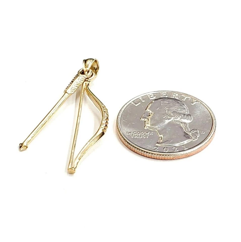 Dije colgante de caza con arco y flecha 3D de oro amarillo de 14k móvil joyería fina 2,2 g Foto 3 de 4