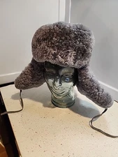 Ushanka Hat Grey Sheepskin Fur Ear Flaps