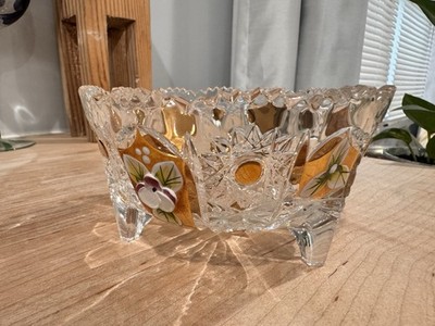Crystal Heart Hand Cut 24% PbO Floral Gold Decorative Glass Bowl Czech Republic