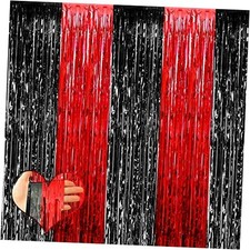 4 Pack 3.2Ft x 8.2Ft Fringe Curtain Backdrop, Metallic Tinsel Foil Black Red