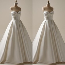 Simple Wedding Dresses Strapless Satin A Line Ruched Sweep Train Bridal Gown