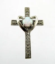 FAS Sterling Silver Natural Diamond Accent White Lab Opal Cross Pendant 925