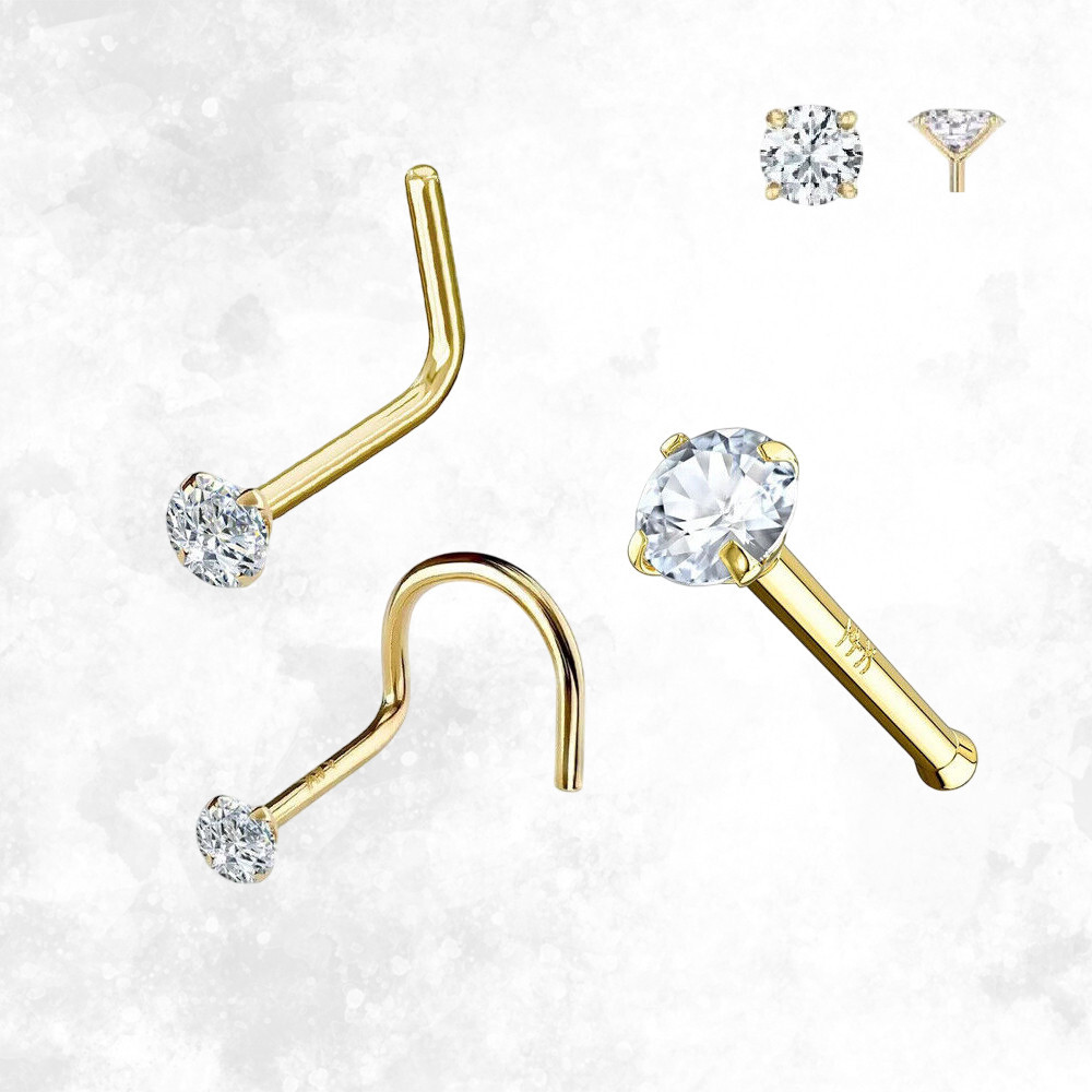 14K Yellow Gold 20G 18G Diamond Nose Ring With Choose L-Shape Nose Bone or Screw