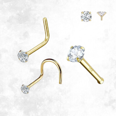 #ad #ad 14K Yellow Gold 20G 18G Diamond Nose Ring With Choose L Shape Nose Bone or Screw $43.89