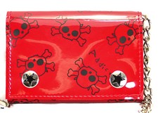 Hot Red Skull Crossbones Tri-Fold Biker Chain Wallet With Chain Halloween