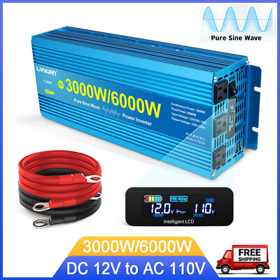 3000W 6000W Pure Sine Wave Power Inverter DC 12V to 110V + 3AC 2USB LCD Display