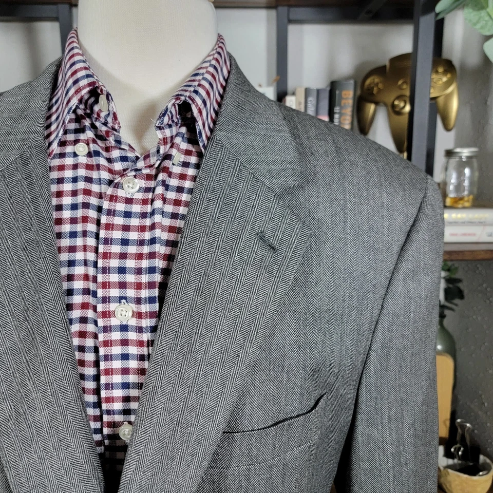 Abrigo Blazer Deportivo Club Room Para Hombre Dos Botones Gris Espiga Lana Cachemira 46L Foto 3 de 4