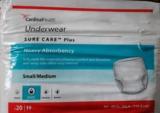 Cardinal Health Underwear 20 count pack CARE/Sure➕️Heavy Absorbency S/M for M/W