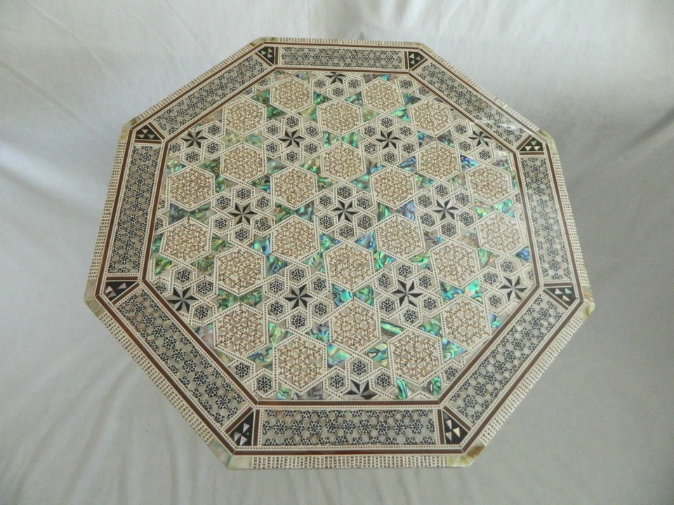 1 Egyptian Inlaid Mother Pearl Paua Wood Table Octagon 17.25" Diameter X 24"High - Image 4 of 4