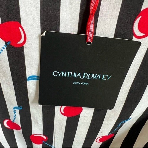 Cynthia Rowley NEW Black & White Stripe Cherry Print Tie Front Short Sleeve Top - Picture 4 of 6