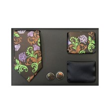 New in box Men's necktie solid pattern hankie cufflinks 4 pc Gift Set Brown