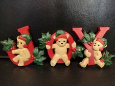 Christmas Home Interiors Homco Spell JOY Bears Plaques 3Pc Made In USA ๐๐