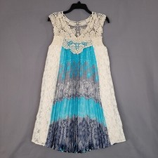 Ryu Women's Mini Shift Dress Eyelets Sleeveless Pullover Tan/Blue Size S