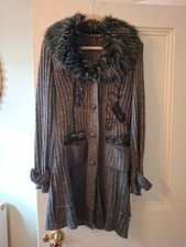 Grey Knee Length Embroidered Cardigan Detachable Fur Collar