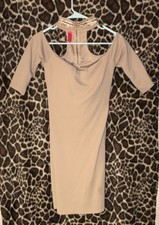Beige Bodycon Dress Beaded High Neck Cut Out Half Sleeve Knee Length Party