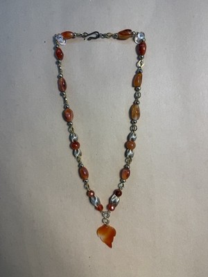 Vintage Artisan Carnelian Agate Necklace MCM Brutalist Mixed Metal Orange
