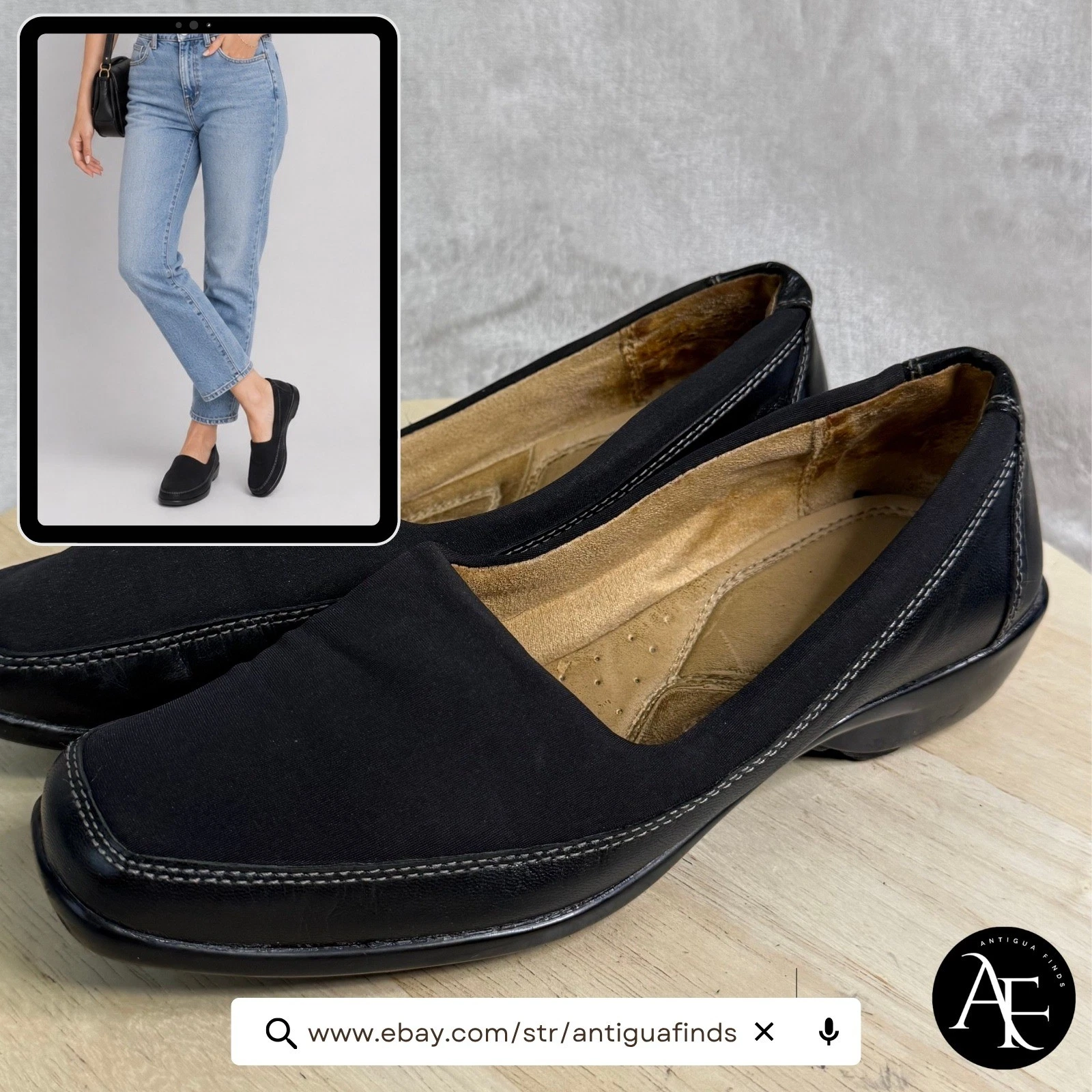 Naturalizer Womens Black Leather Fabric Square Toe Slip On Loafers Size 7.5M