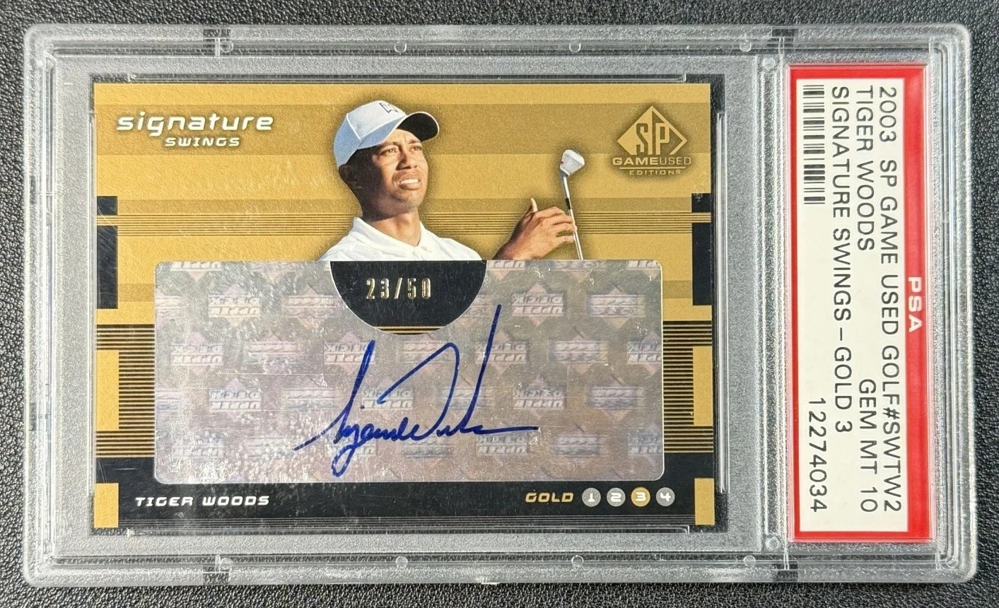 POP 2 TIGER WOODS PSA 10 2003 UD SP GAME USED SIGNATURE SWINGS GOLD 3 AUTO 28/50 view 3