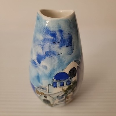 Hand Painted Mediterranean Greek Style Mini Bud Vase Handmade Pottery 4''