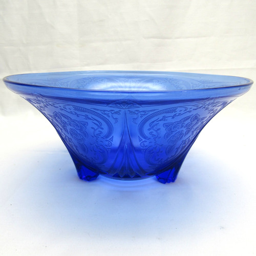 Hazel Atlas Cobalt Blue Royal Lace 10" Bowl Depression Glass Footed Vintage