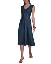 Halston Denim Scoop Neck Sleeveless Midi Dress Women's 6