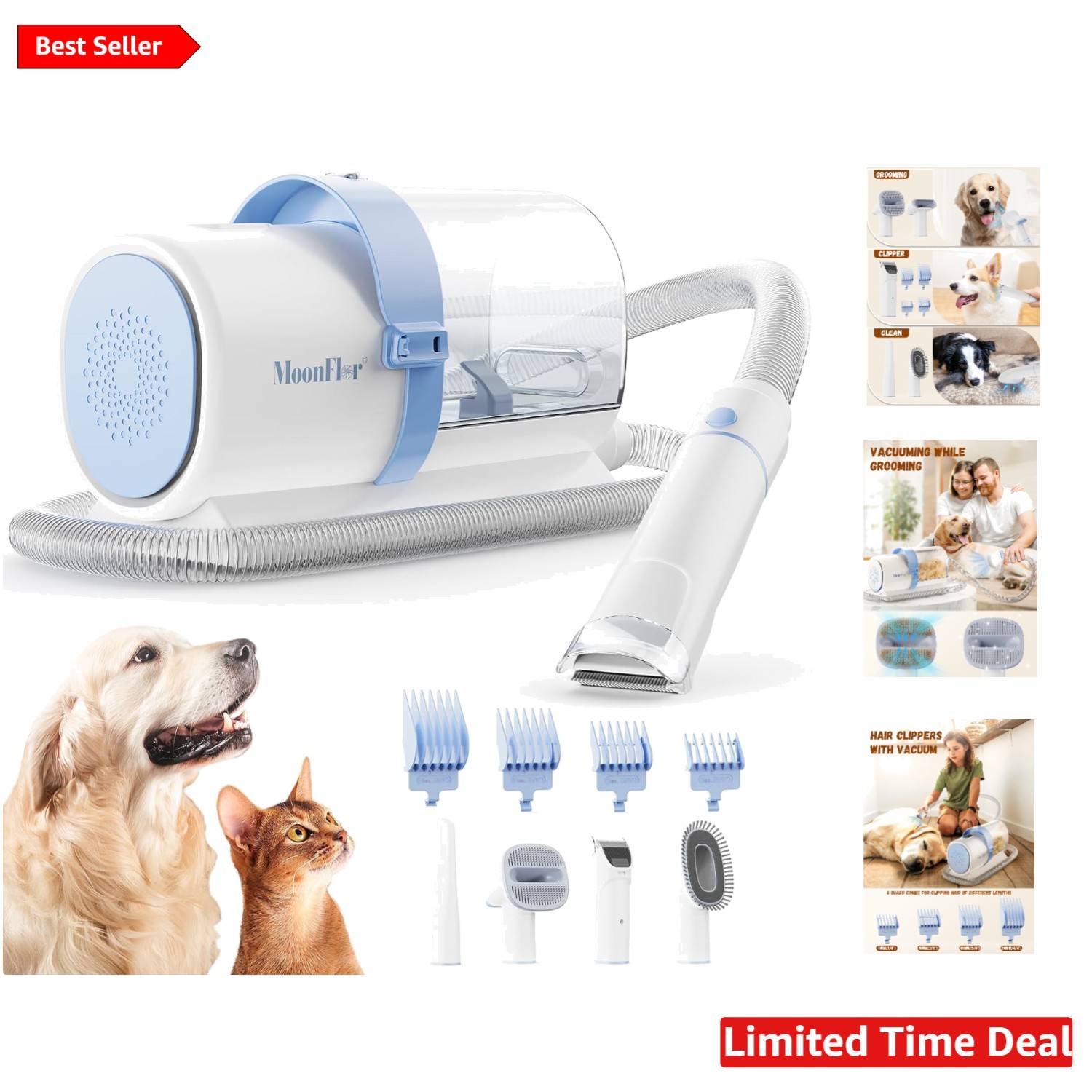 Effortless Dog Grooming Kit: 10Kpa Low Noise Vacuum & 4 Grooming Supplies