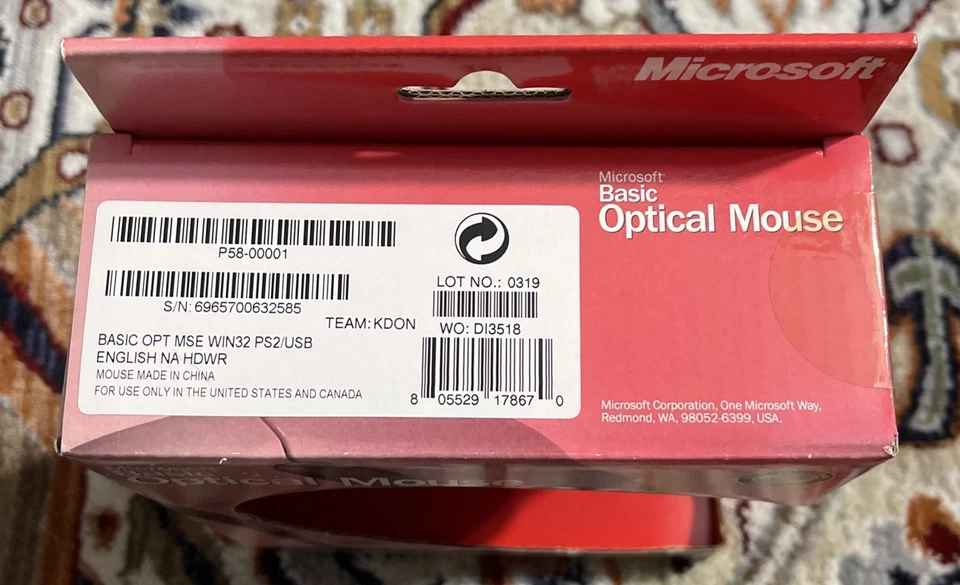 Microsoft Basic Optical Mouse Scroll Wheel PS/2 USB Wired Vintage - NEW SEALED - Image 3 of 4