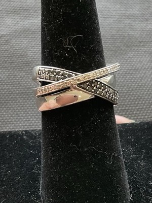 SONNE 925 Sterlingsilber schwarz & weiß Pave Diamant Crossover Ring Größe 7