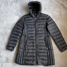 Aventure Goose Down Puffer Coat Women’s Size Large Long Black Hood Zip Parka